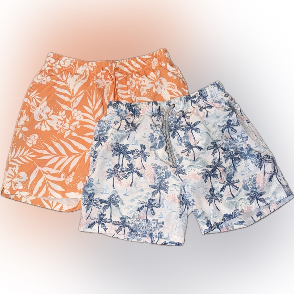 Set of two Tropical Print Men's Swim Trunks - Orange and Blue, size Large